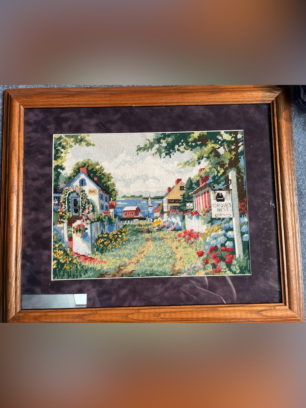 Framed Coastal Cottage Cross Stitched Wall Art - Colorful Village Scene 23x18.5